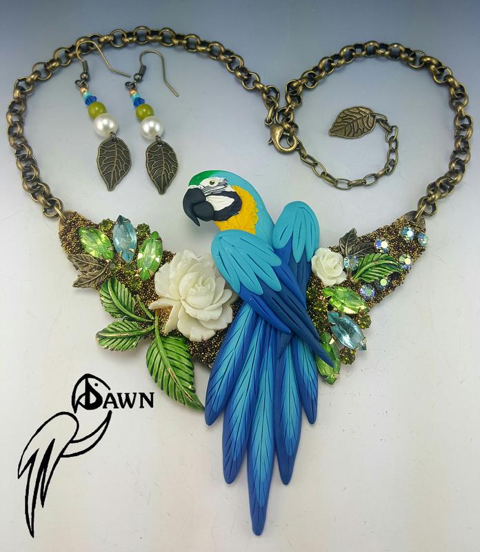 Blue and Gold Macaw Necklace Set with White Rose