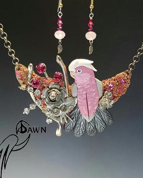 Rose Breasted Cockatoo Necklace Set with Silver Rose